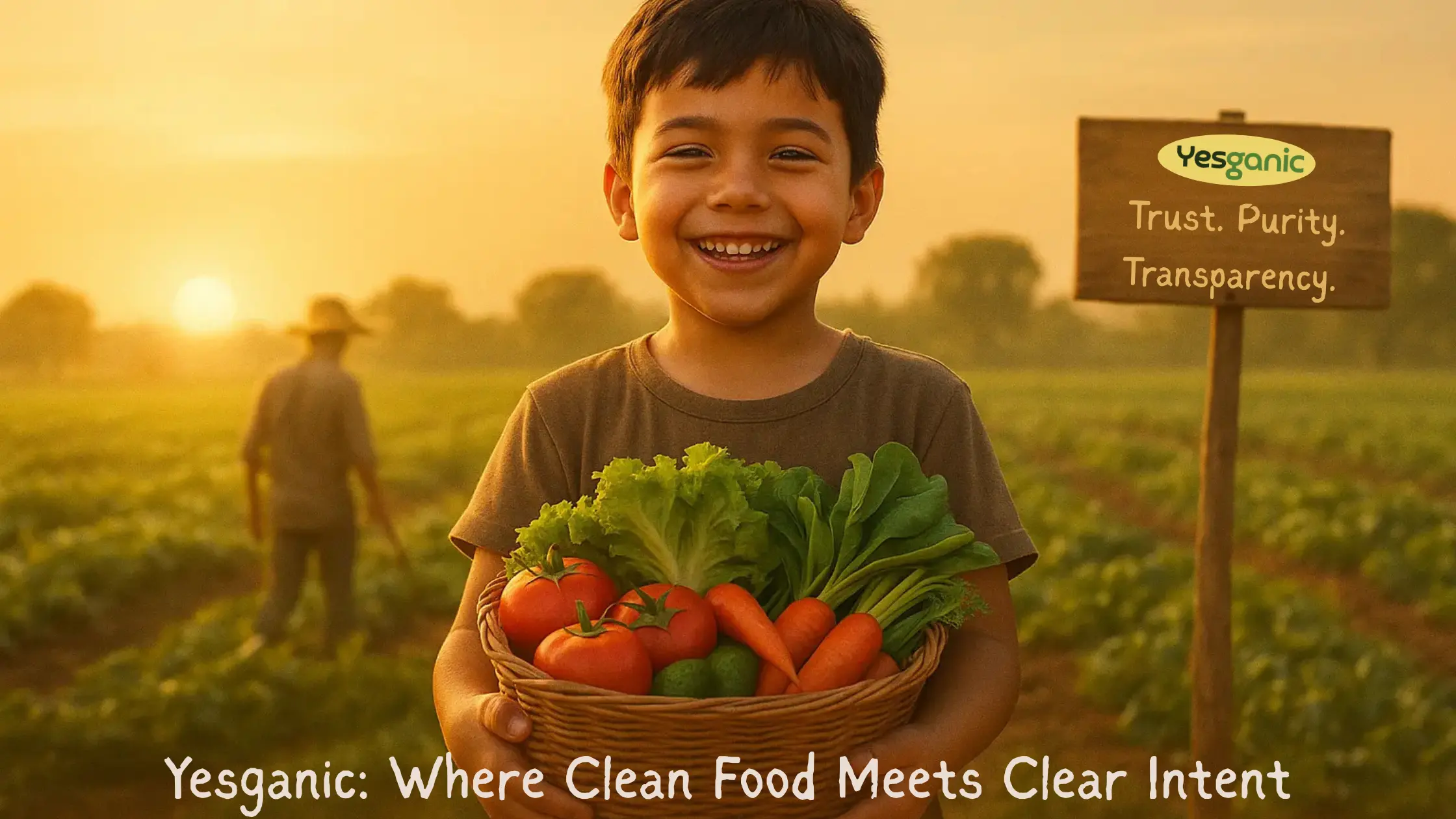 Smiling child holding a basket of fresh organic vegetables in a farm at sunset, promoting Yesganic’s commitment to clean, transparent food.