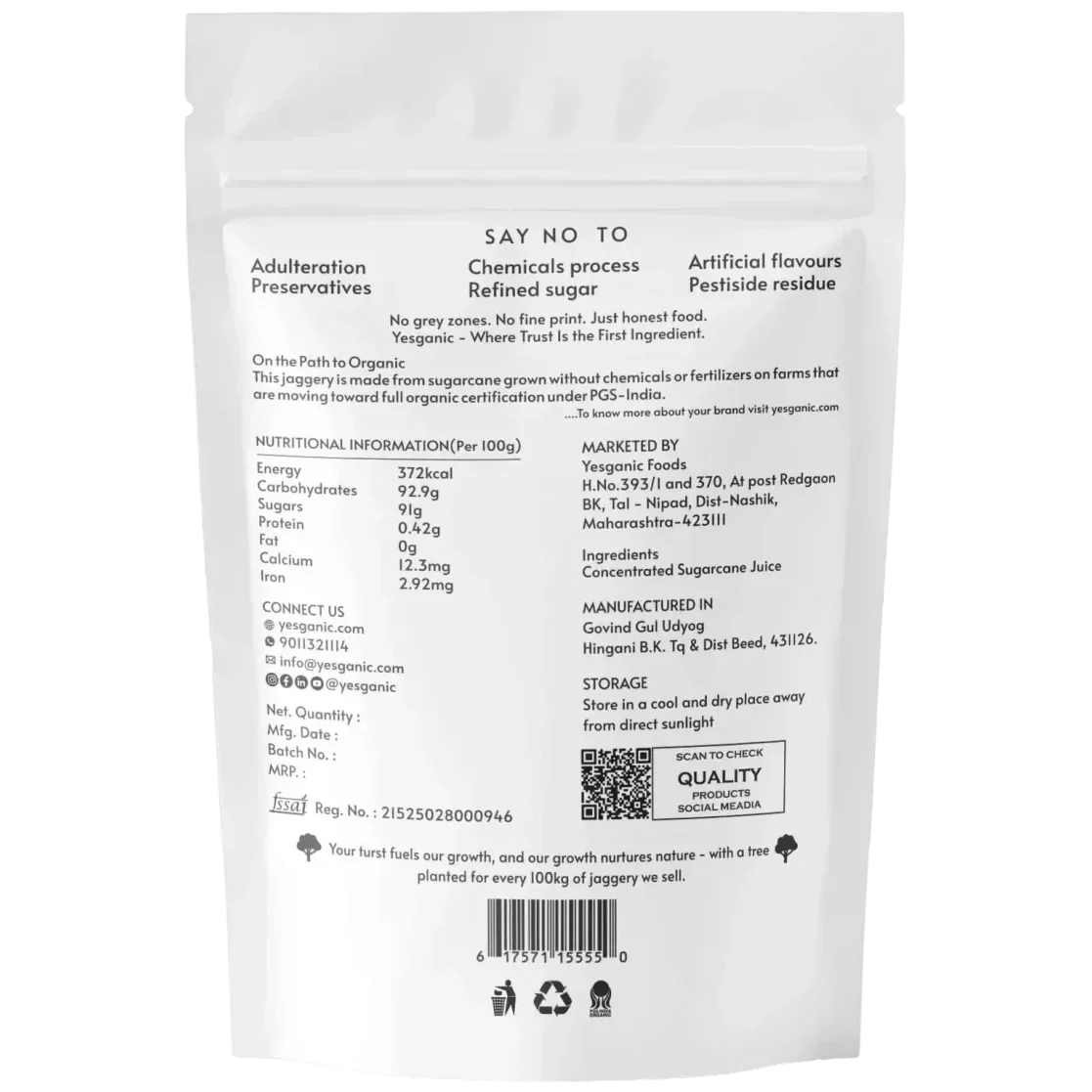 Back label of Yesganic Natural Jaggery Powder 450g – nutritional facts, ingredients, and contact information