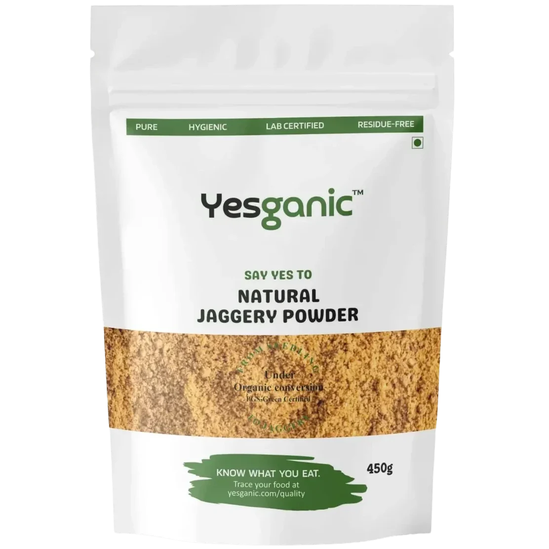 Yesganic natural jaggery powder 450g resealable pouch - organic, pure, lab certified